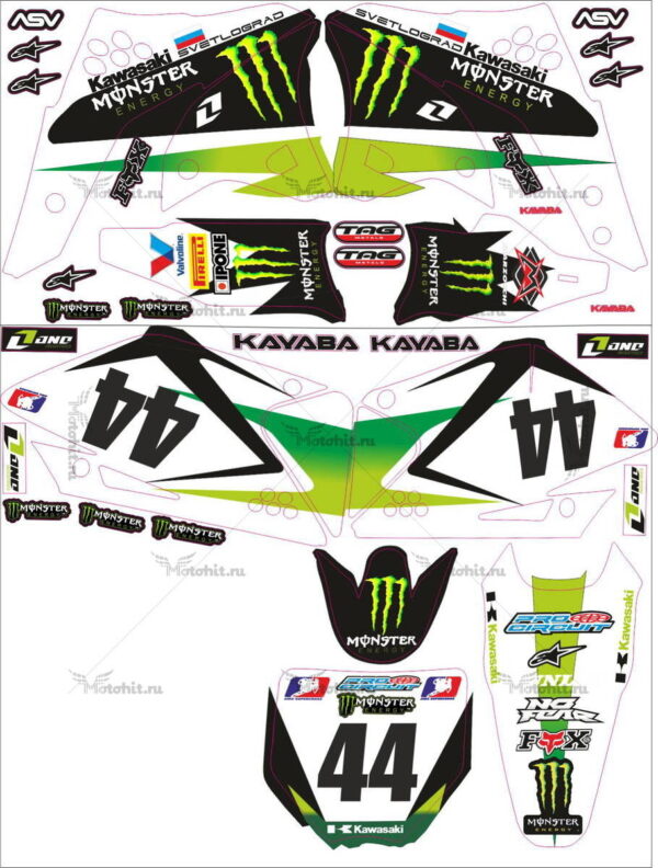 Комплект наклеек Kawasaki KXF-250 MONSTER-WHITE 2006-2008