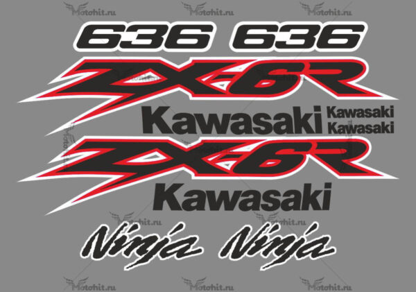 Комплект наклеек Kawasaki ZX-6R-636 2003 RED-WHITE