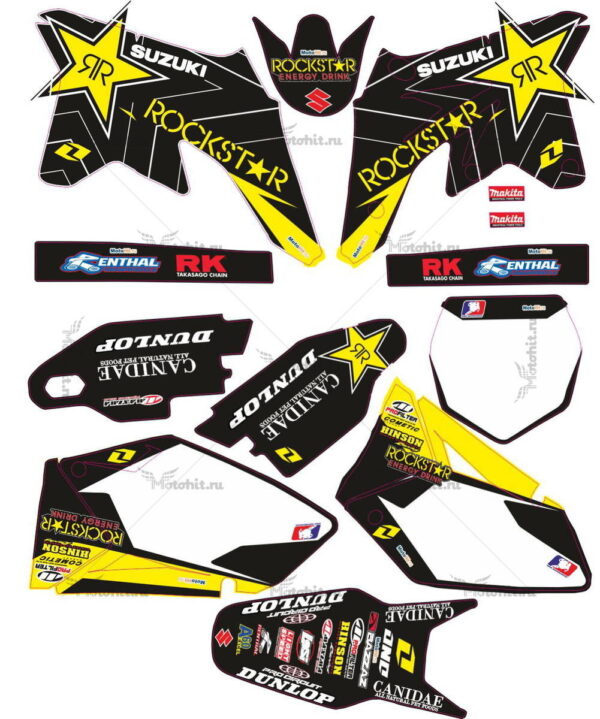 Комплект наклеек SUZUKI RMZ-125 RMZ-250 2007-2009 ROCKSTAR-BLACK-YELLOW-MORE